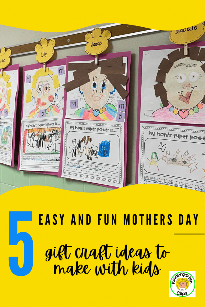 Mother's Day craft ideas made by Kindergarten students. Kids created portraits of mom with paper and coloring.