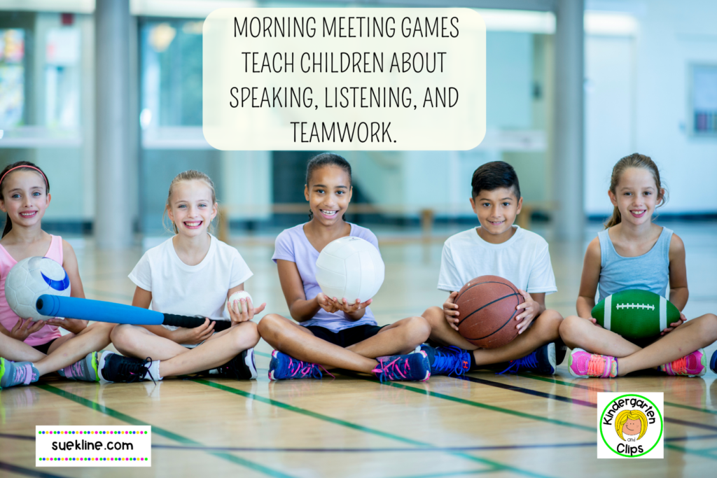 children sitting on the gym floor with balls and a bat ready to play