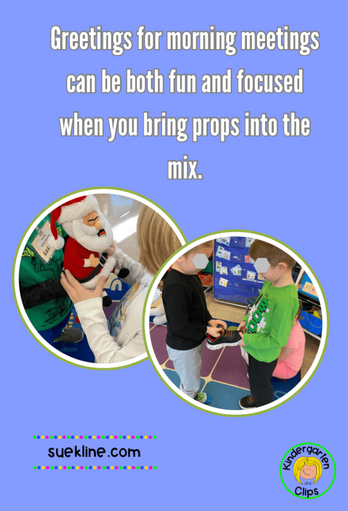 Kindergarten children using a stuffed toy and a shoe to do greetings for morning meetings.