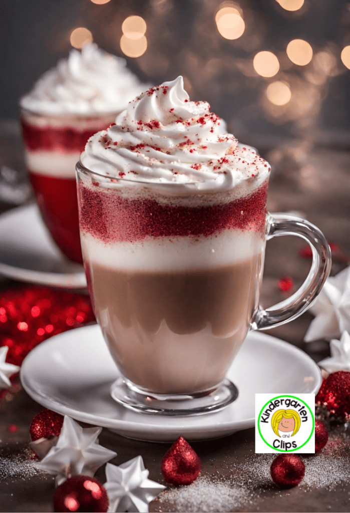   teacher gift guide best gifts for teacher coffee in clear cup topped with whipped cream. Red and white colors and sparkles.