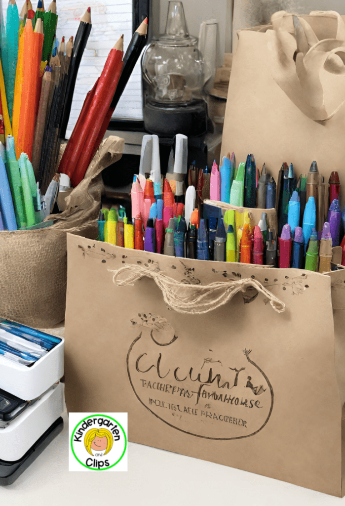   teacher gift guide gifts teachers Brown paper bags with colored pencils pens and markers in them.