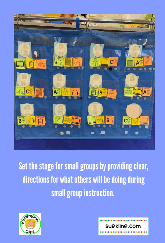 small group instruction.  picture of center board that guides students to their center work