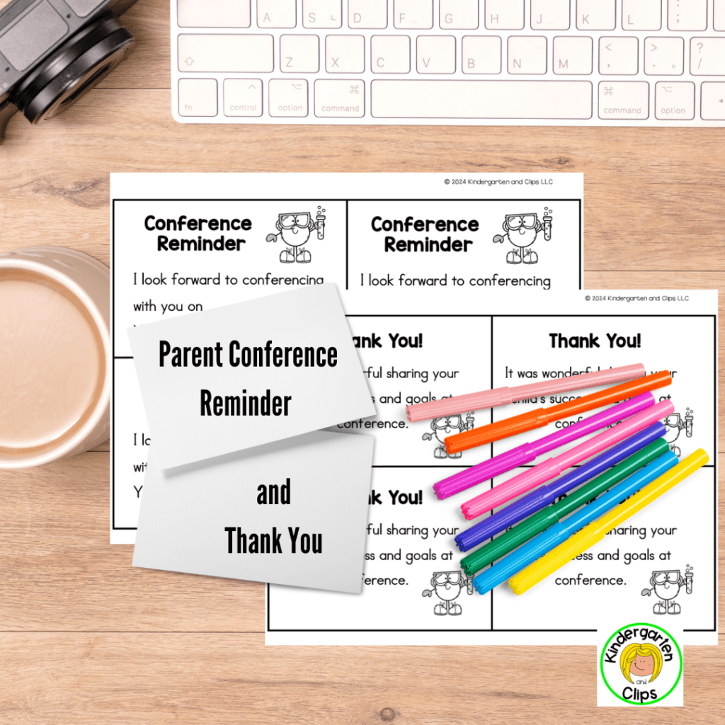 Conference reminder and thank you note on a desk with pens and coffee